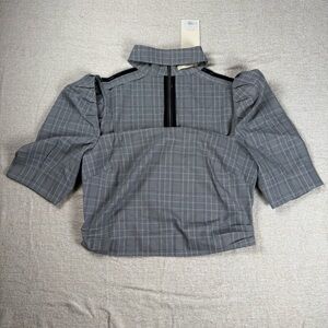 CHOOSY Womens size 12 Gray Plaid Puff Sleeve Top with Choker Detail, zipper back